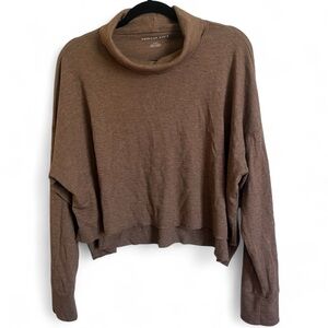 American Eagle Waffle Mock Turtleneck Cropped Long Sleeve Cognac Brown Large